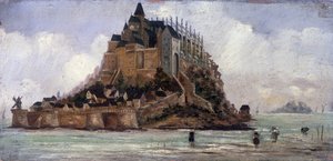 Le Mont Saint-Michel en lav hoppe - olje på panel, anonym av French School