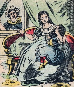 Le Pere Fouettard, fransk karakter for den piskede faren, legendarisk folklorefigur som straffer de slemme barna: hans kone, La Mere Fouettard, den piskede moren som ikke irettesetter de kloke barna - Epinalt bilde av French School