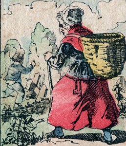 Le Pere Fouettard, fransk karakter for den piskede faren, legendarisk folklorefigur som straffer de slemme barna: hans kone, La Mere Fouettard, den piskede moren som forfølger barna som hopper over skolen - Epinalt bilde av French School