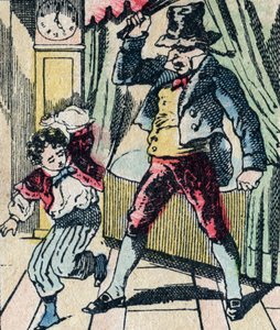 Le Pere Fouettards legendariske karakter av folklore, straffer ukloke barn med pisken sin, og omslutter ulydige barn, bilde av Epinal av French School
