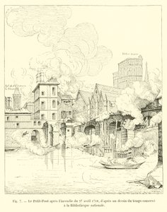 Petit-Pont etter brannen 27. april 1718, fra en tegning av tiden oppbevart på Nasjonalbiblioteket av French School