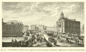 Pont-Neuf på 1700-tallet, ifølge et tidsmaleri av Raguenet, tilhørende Samaritaine-badene av French School