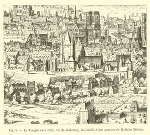 Templet rundt 1620, sett fra faubourg, faksimile av en gravering av Mathieu Merian av French School