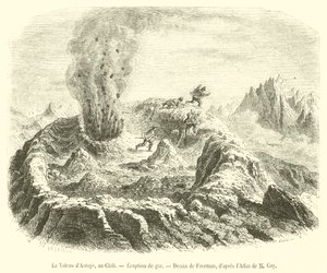 Antujo-vulkanen, Chile, gassutbrudd (gravering) av French School