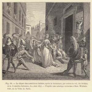 De italienske skuespillernes avgang, etter avslutningen, etter ordre fra kongen, av teatret til Comedie-Italienne, 4. mai 1697 (gravering) av French School