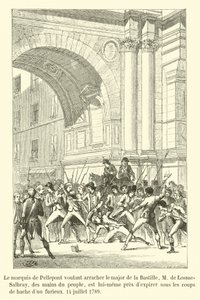 Markisen de Pellepont, som ønsker å rive majoren av Bastillen, M de Losme-Salbray, fra folkets hender, er selv i ferd med å dø under økseslagene til en rasende mann, 14. juli 1789 av French School