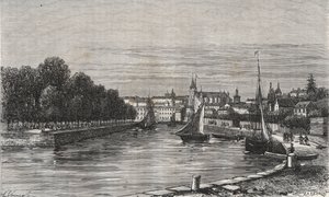 Le port de Vannes (Morbihan, Frankrike)// Vannes havn (Morbihan, Frankrike) - gravering i «La France illustrée: geographie, histoire, administrationstatistique» av V.-A. Malt brun. 1884 av French School