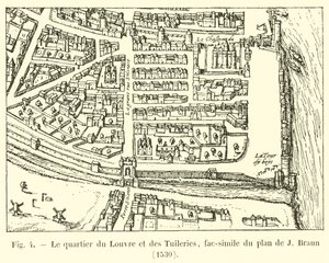 Louvre og Tuileries-distriktet, faksimile av planen av J Braun, 1530 av French School