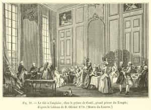 Engelsk te, med Prince de Conti, tempelets storprior; etter maleriet av B Olivier 1770, Louvre-museet av French School