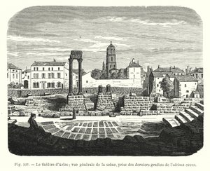 Teateret i Arles; generelt syn på scenen, hentet fra de siste tribunene til ultima cavea (gravering) av French School