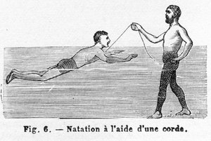 Lære å svømme med en ledning, pub. 1885 gravering, 1885. av French School