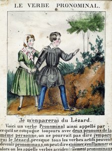 Leksjon om pronominale verb. I ""La grammaire en images"", brosjyrealbum, ca 1850. av French School