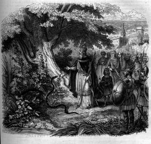 Legenden om Karl den store og slangen: keiseren foran reiret til slangen okkupert av en padde. Gravering fra 1852. av French School