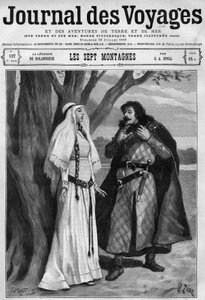 Legend of Rolandseck: Hildegonde learns of the death of Roland, his fiance, and remains silent of pain. German adaptation of the “” Song of Roland””. Engraving in “” Journal des Voyages”” of July 16 av French School