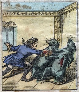 Lemuel Gulliver kjemper mot rotter i landet til gigantene i Brobdingnag. Illustrasjon for "" Gulliver