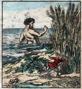 Lemuel Gulliver hides from a giant in Brobdingnag. Illustration for “” Gulliver