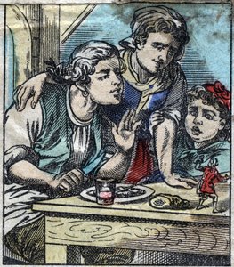 Lemuel Gulliver på bordet til Glumdalclitch-familien, i landet til gigantene i Brobdingnag. Illustrasjon for "" Gulliver