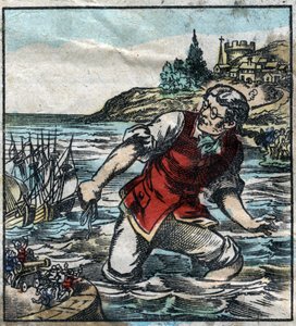 Lemuel Gullliver avfyrte skipene fra Blefuscu-hæren til hovedstaden Lilliput. Illustrasjon for "" Gulliver