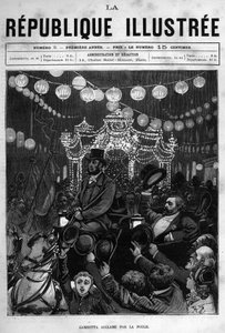 Leon Gambetta (1838-1882) greets the statue on the Place de la Republique in Paris. A newspaper. Engraving from 1880 in “La republique illustree”” private collection. av French School