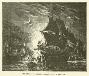 De engelske Brulots Attacking the Armada (gravering) av French School