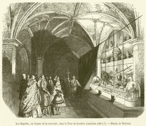 Regalia, eller kronjuveler, i Tower of London, Old Hall (gravering) av French School