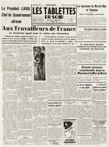 Les Tablets du soir du 24/06/1942 - LAVAL HEAD OF GOVERNMENT ADDRESSES TO THE WORKERS OF FRANCE A WILL APPEAL FOR THE REPRESSION OF THE MARKET NOIR IN VAUCLUSE - DIGIOUS AERIAN ACTIVITIES IN THE CHANCH AND THE NORTH SEA - av French School