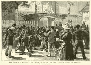 Omgivelsene rundt utstillingen, Billettselgerne ved Tourville-porten, Palais des Machines, Tegning av M Guilliod (gravering) av French School