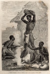 Les blacksmiths mannganyas, i en landsby langs Loualaba-elven (dagens Kongo-elven), gravert etter en tegning av D.Maillard, som illustrerer David Livingstones siste dagbok (1813-1873), i 1866-1873, publisert i "" Le tour du monde”” 1875, redigert av av French School