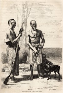 Fjelljegerne på Formosa Island, gravert etter en tegning av D. Maillard, som illustrerer reisen til Kina, av J. Thompson, i 1870-1872, publisert i "" Le tour du monde""" 1875, redigert av Edouard Charton, Hachette-utgaven, Paris. Selva Collecti av French School