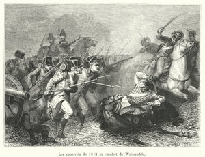 De vernepliktige fra 1813 i slaget ved Weissenfels (gravering) av French School