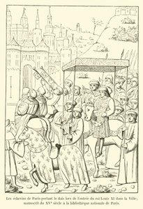 Ordførerne i Paris som bar tribunen da kong Ludvig XI entret byen; 1400-tallsmanuskript i Nasjonalbiblioteket i Paris av French School