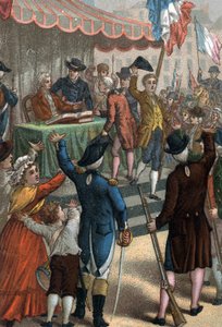 Frivillige påmeldinger (foran teateret i Odeon, Paris), La Patrie en danger, 22. juli 1792. av French School