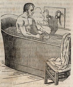 Badebevegelser - Hygiene på 1800-tallet - mann i badekar - gravering i "La Sante Universelle - Guide Medical des Familles" 1852 av French School