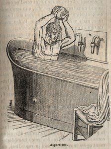 Badebevegelser - Hygiene på 1800-tallet - mann i badekar - gravering i "La Sante Universelle - Guide Medical des Familles" 1852 av French School
