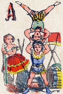 Bokstav A Akrobater. Gravering i "Alphabet des jeux"". Mr. Vagne, redaktør, Pont-a-Mousson, sent på 1800-tallet. Rosa serie. 12 sider. Album som inneholder en forenklet lesemetode og et illustrert abecedary. Mål: 16,5x11 cm av French School