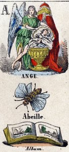 Bokstav A som Angel, Bee og Album. En beskyttende engel nær et barn som sover i en vugge. Lite encyklopedisk alfabet. Avbildning av Epinal, ca 1860. Trestikk, stensilert med forgylling. Mål: 37,8x50,3cm. Privat samling av French School