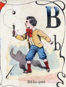 Bokstav B Bilboquet. Gravering i "ABC des joux pour petits boys". Avbildning av Pont-a-Mousson, Louis Vagne, trykkeri-utgiver, sent på 1800-tallet. Mål: 32,5x25 cm av French School