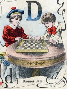 Bokstav D: Damspill. Gravering i "ABC des joux pour petits boys". Avbildning av Pont-a-Mousson, Louis Vagne, trykkeri-utgiver, sent på 1800-tallet. Mål: 32,5x25 cm av French School