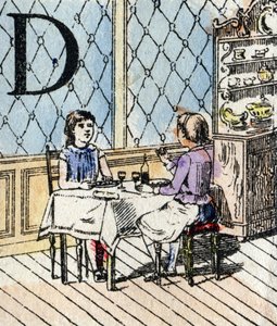 Bokstav D, jente som spiller dinette. ABC av småjentene. Epinal avbildning av French School