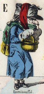 Bokstav E: Wrap (Wrap av pels og stoffer for å holde varmen). Gravering i "" Comic Alphabet"". Ny Epinal bildebehandling. Litografi Pinot et Sagaire, redaktører, mellom 1860 og 1888. Plate nr. 491 med 25 opplyste bokstaver. Mål: 40,5x28cm. Privat samling av French School