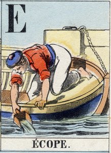 Bokstaven E som økope. Marinens alfabet. Epinal bilde, slutten av 1800-tallet. Sjablongfarget tregravering av French School