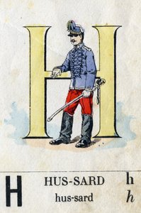 Bokstaven H som hussard. Militært alfabet. Avbildning av Epinal, rundt 1870-1880. Sjablongfargede tresnitt av French School