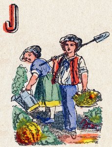 Bokstav J Gartnere. Gravering i "Alphabet des jeux"". Mr. Vagne, redaktør, Pont-a-Mousson, sent på 1800-tallet. Rosa serie. 12 sider. Album som inneholder en forenklet lesemetode og et illustrert abecedary. Mål: 16,5x11 cm av French School