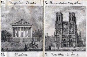 Bokstaven M Madeleine og N Notre-Dame de Paris (Notre Dame de Paris) - "Alphabet Picturesque des Monumens de Paris" ca. 1840 (gravering) av French School