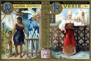 Bokstav Q som urfolkskvinne fra Quoin Island og R som Boyars-kvinne i Russland. Kvinners alfabet. Serie på 12 bilder. Liebig-reklame av French School