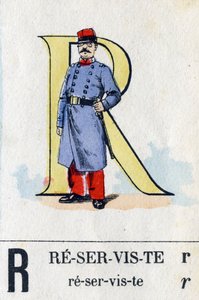Bokstav R som reservist. Militært alfabet. Avbildning av Epinal, rundt 1870-1880. Sjablongfargede tresnitt av French School