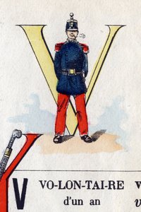 Bokstav V som frivillig. Militært alfabet. Avbildning av Epinal, rundt 1870-1880. Sjablongfargede tresnitt av French School