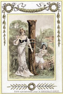 Brev som representerer en mor og datter som leker, sent på 1800-tallet (kromolitografi) av French School