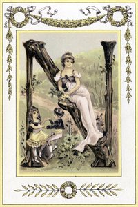Brev som representerer en mor og hennes barn som danser, sent på 1800-tallet (kromolitografi) av French School
