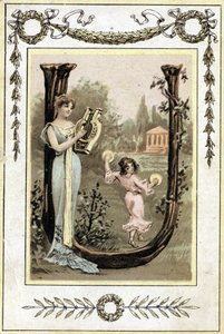 Brev som representerer en mor som spiller lyre og datteren hennes danser med pauker, sent på 1800-tallet (kromolitografi) av French School
